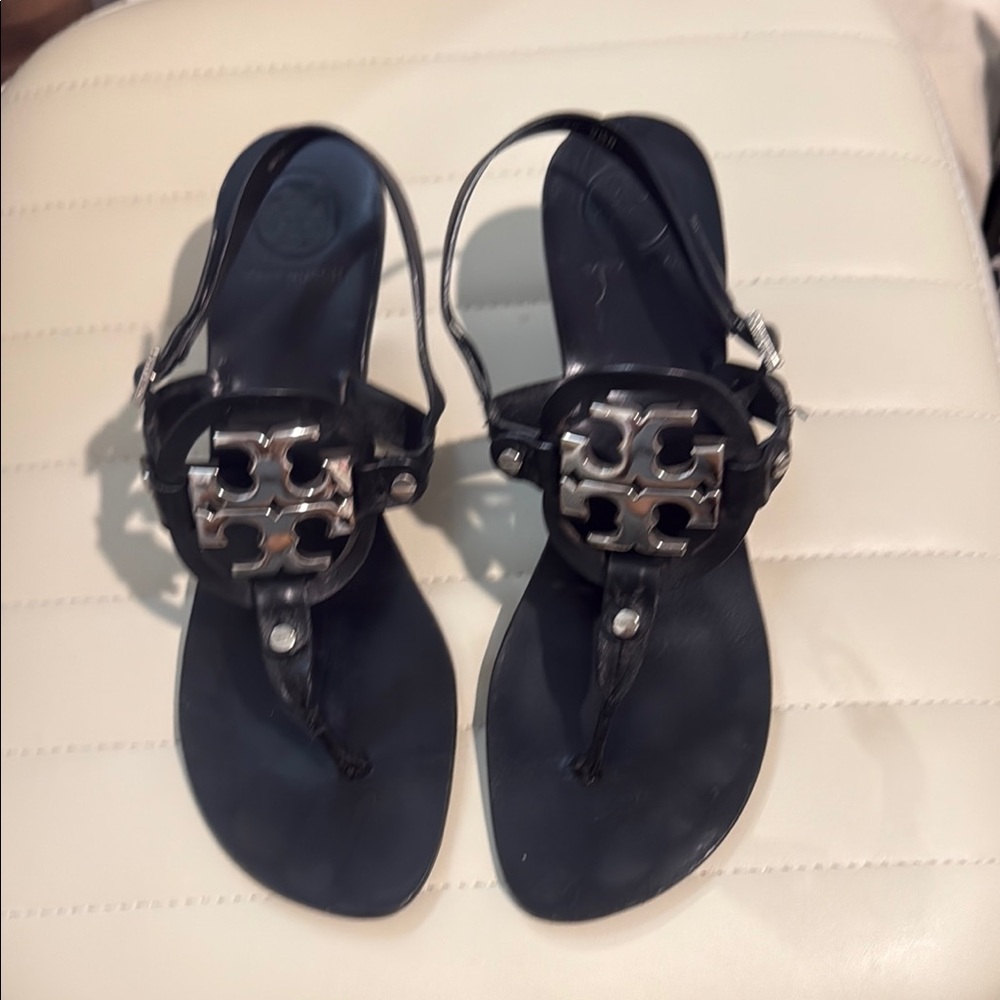 Tory Burch Black Thong Sandals with Silver Accents